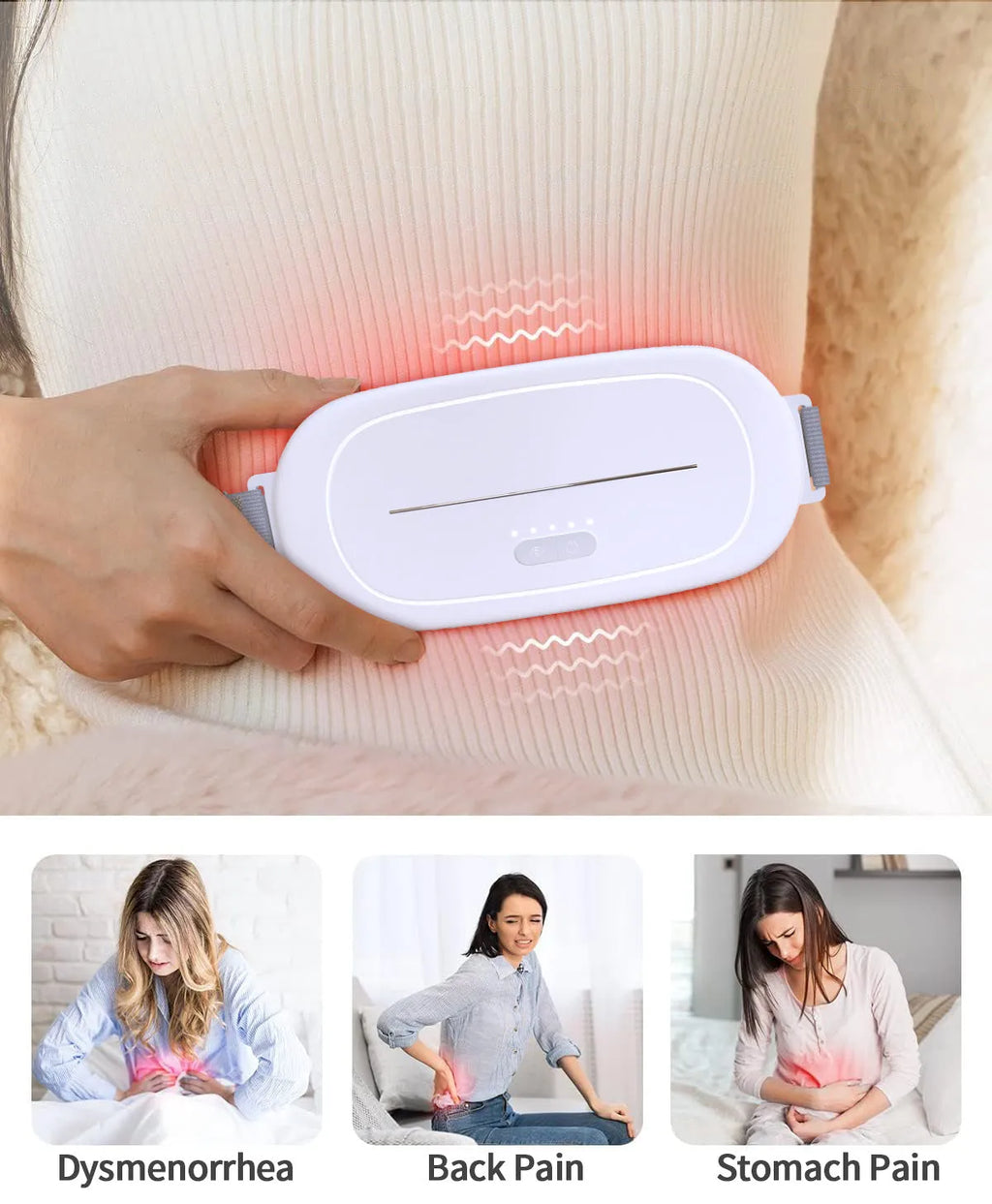 White cordless uterine warming device for menstrual pain relief on a grey background.