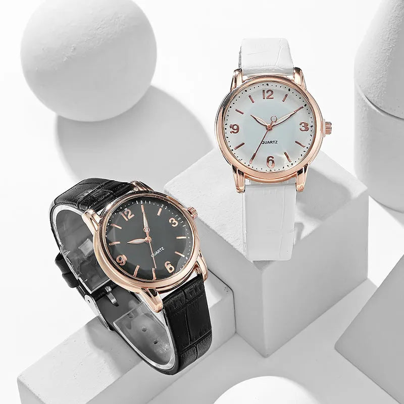 Women's two-tone dial belt quartz watch with alloy dial and imitation leather strap