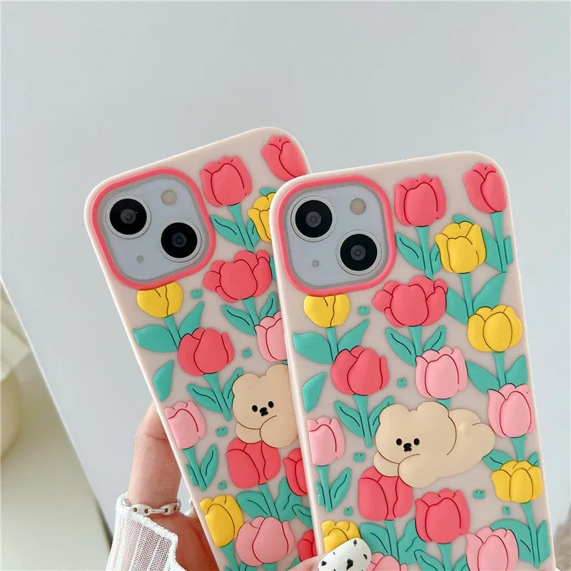 Creative cartoon bear tulip flowers pink silicone phone case with pendant for Apple iPhone