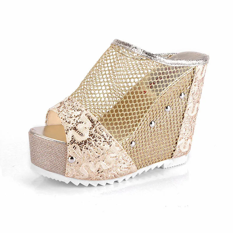 Korean women's platform flip flops with hollowed heel and chunky sole in black, gold, and silver colours.
