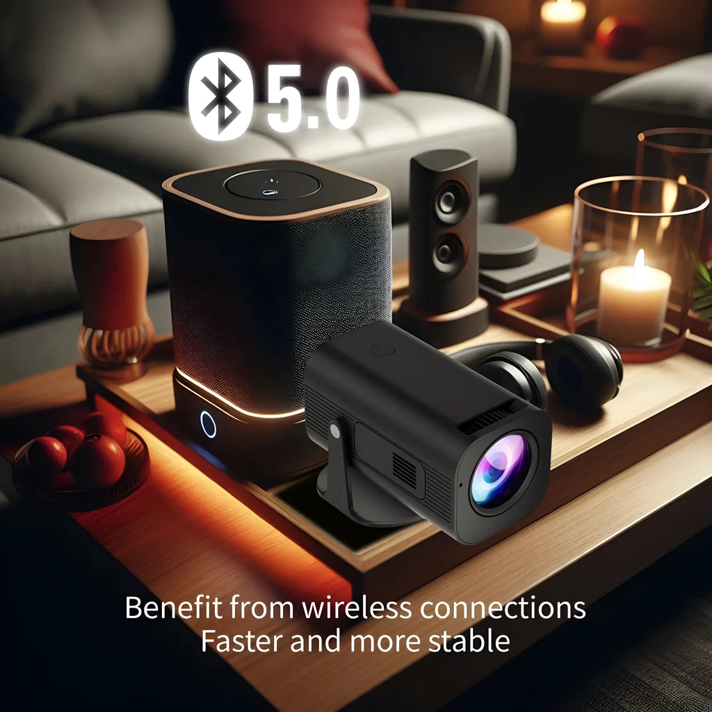 Black or white P330 portable mini projector with remote control on a table.