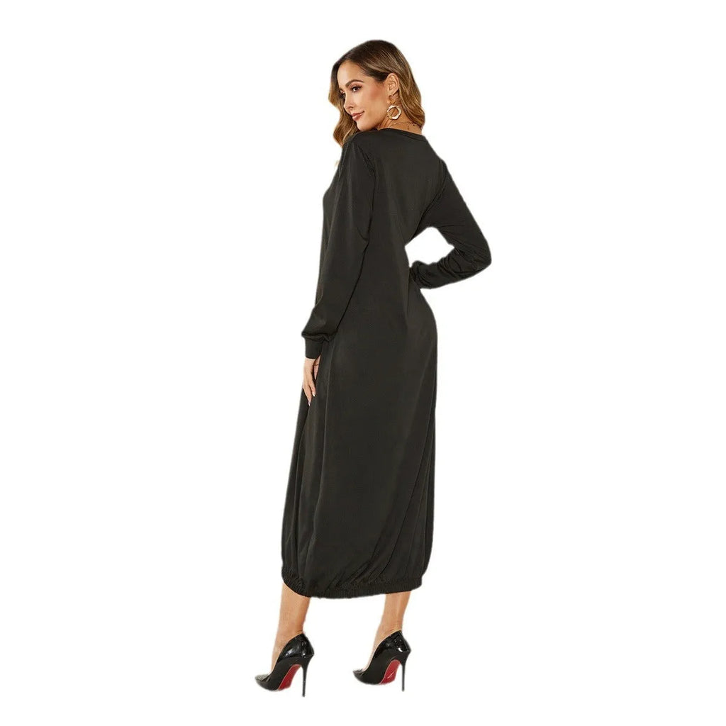 Women's black lantern dress with lace-up crew neck, loose casual silhouette, knitted polyester fabric.