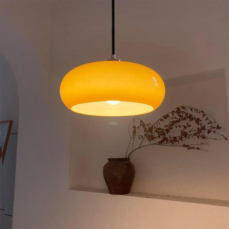 Milk white Bauhaus pendant light with three egg tart-shaped glass shades for bedroom or dining room