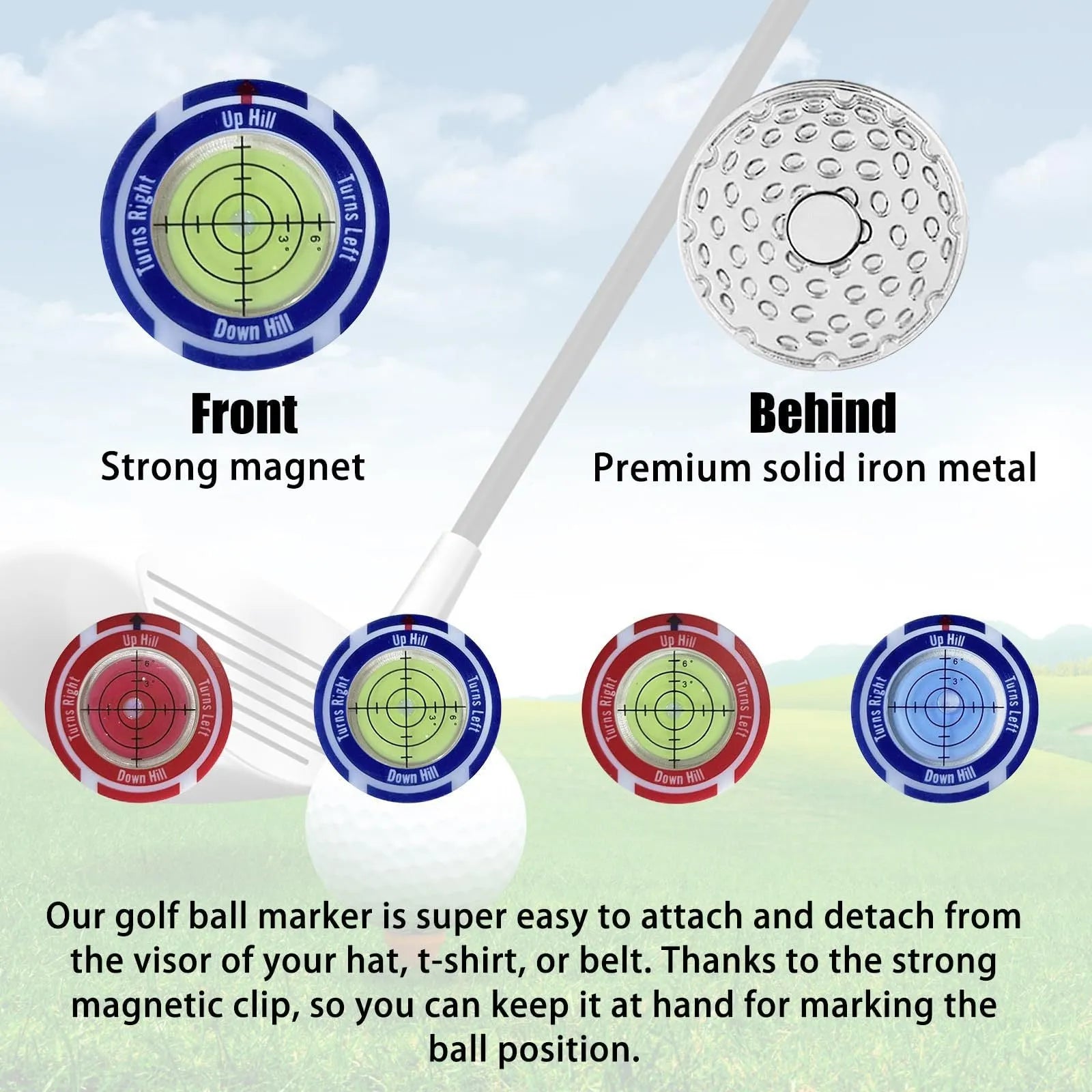 Golf hat clip spirit level showing liquid-filled vial with positioning marks for slope measurement