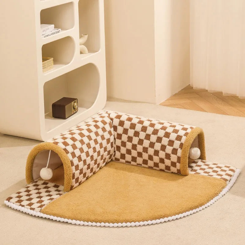 Brown plush plaid collapsible cat tunnel bed with central mat measuring 80x80x22cm