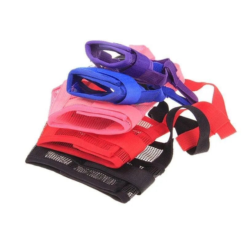 Adjustable plastic dog safety muzzle shown in multiple colours with size chart for S, M, L, XL, XXL.
