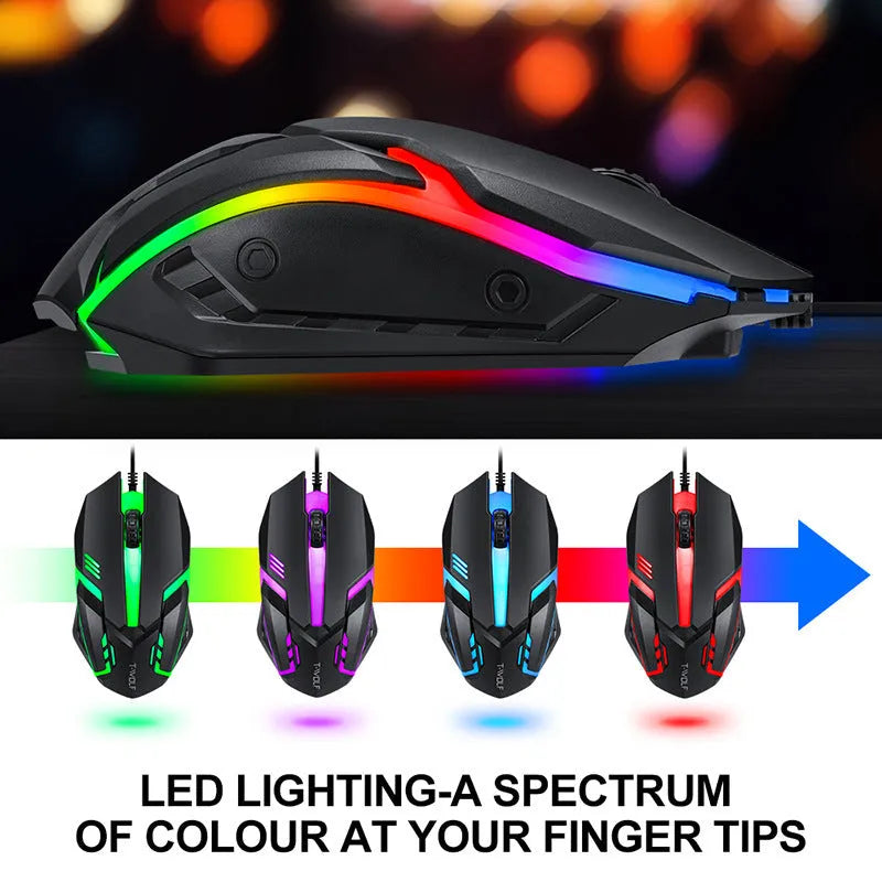 Thunder Wolf wired gaming keyboard mouse headset combo set with USB connections and mouse pad