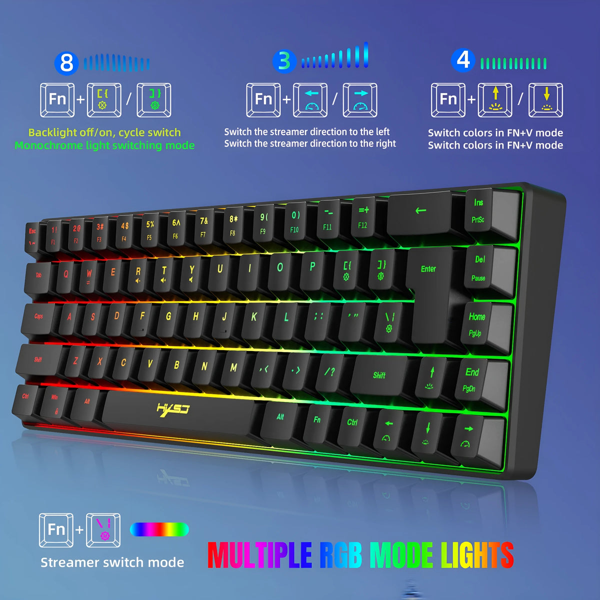 Mechanical feeling membrane gaming keyboard 68 keys black ABS wired USB compact layout