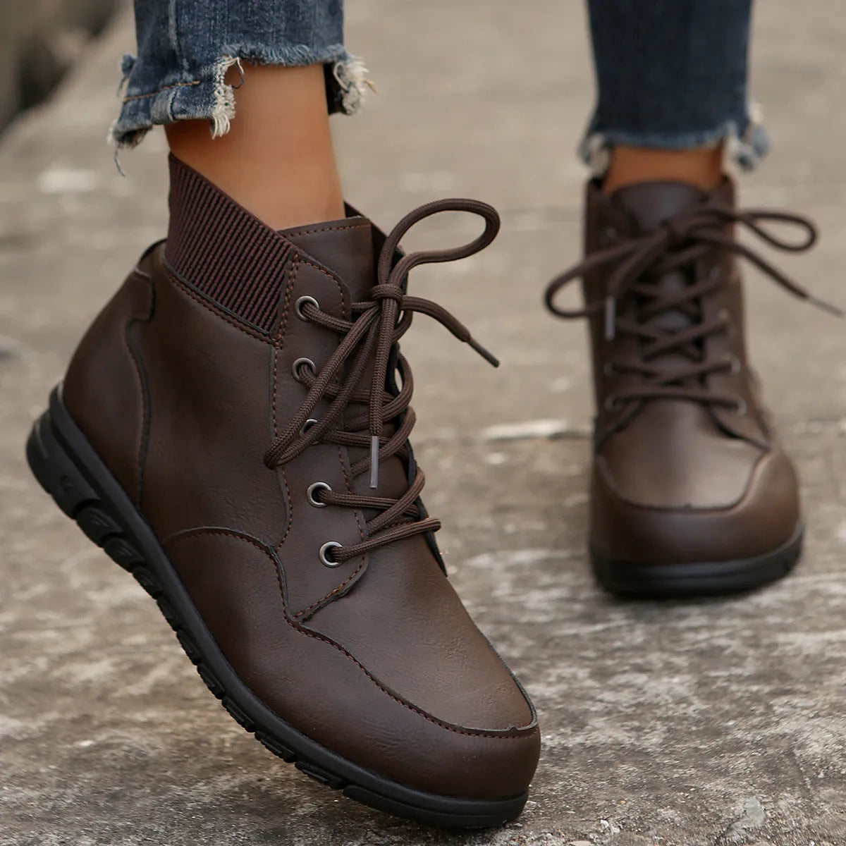 Round toe lace-up ankle boots for women in brown colour with flat non-slip sole and front strap retro western cowboy style