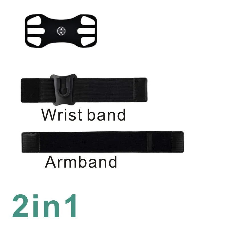 Black detachable swivel sports phone case with armband, wristband, and bicycle stand base on white background