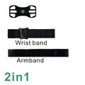 Black detachable swivel sports phone case with armband, wristband, and bicycle stand base on white background