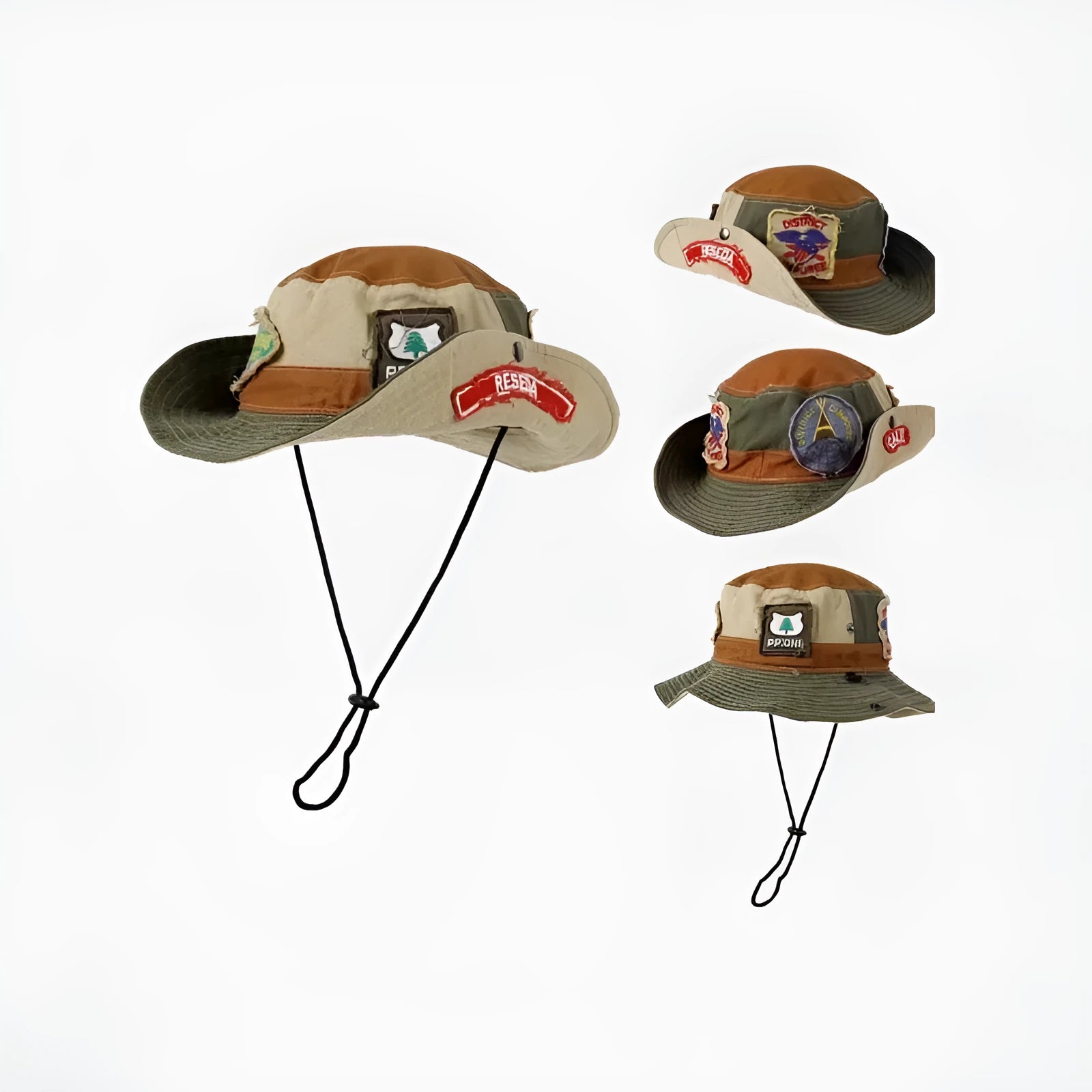 Army green cotton fisherman hat with retro patch design and flat top crown