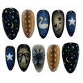 French-style false nail tips with Star Moon Swan design, cartoon flower bow and starry sky motifs, glue-on set for ladies
