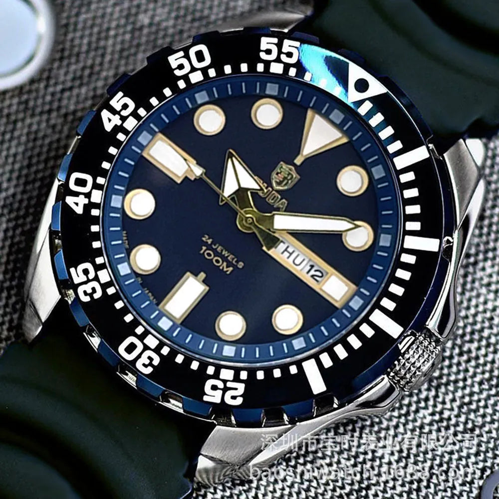 Men's waterproof luminous quartz sports watch with blue dial and steel bracelet