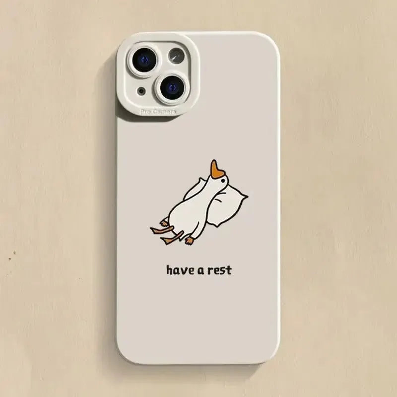 Creative cartoon duck TPU phone case for Apple iPhone in black, white and blue with carved animal design