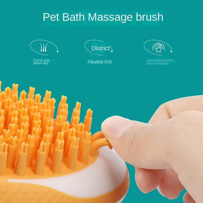 2-in-1 dog cat bath brush with soft silicone bristles and non-slip grip in pink