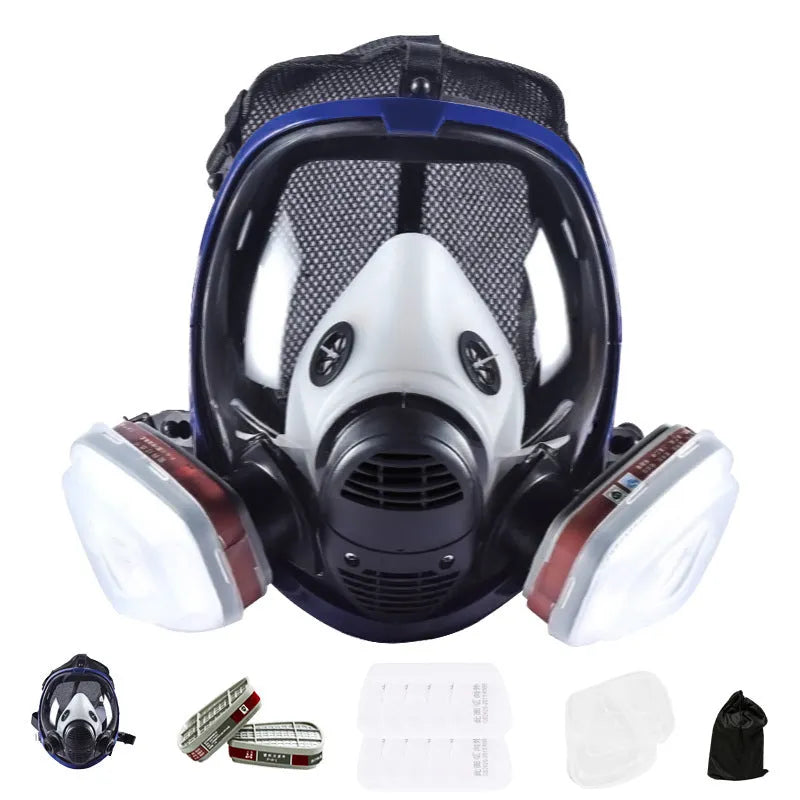 Blue edge spherical full face mask with silicone trapezoidal canister for KN95 and gas activated carbon protection