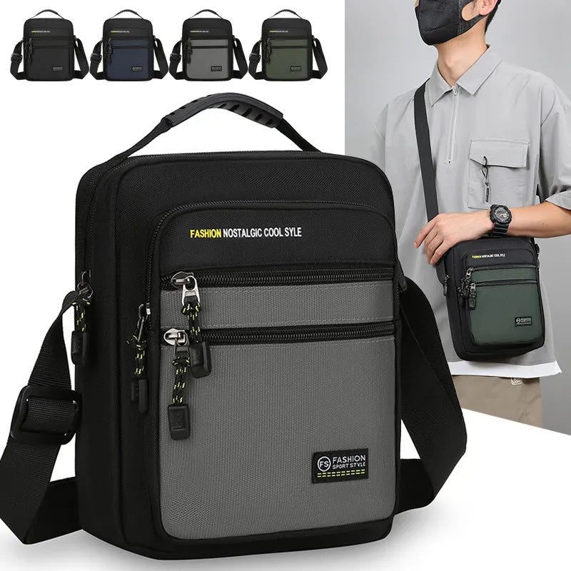Men's waterproof nylon crossbody bag in solid colour with multiple compartments for outdoor and commuting use