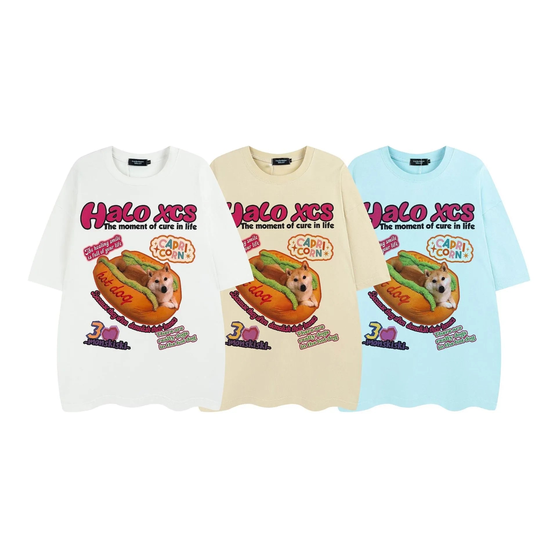 Cartoon hamburger and dog printed cotton t-shirt in loose fit with round neck
