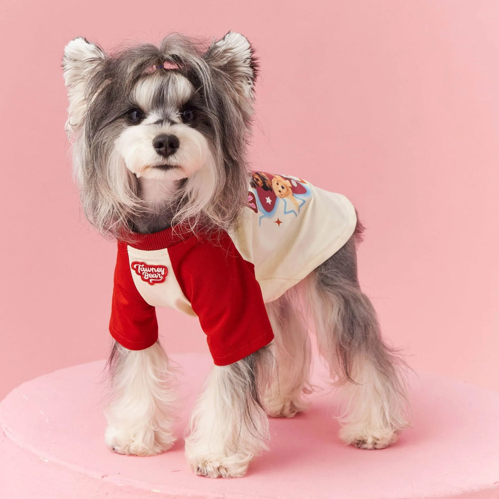 Red embroidered cotton dog summer vest showing contrast colour detailing and handsome styling