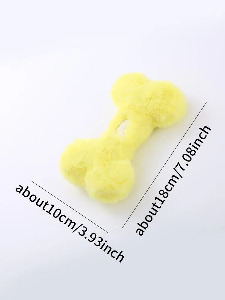 Blue plush bone-shaped dog toy with a squeaker for chew-resistant interactive play.