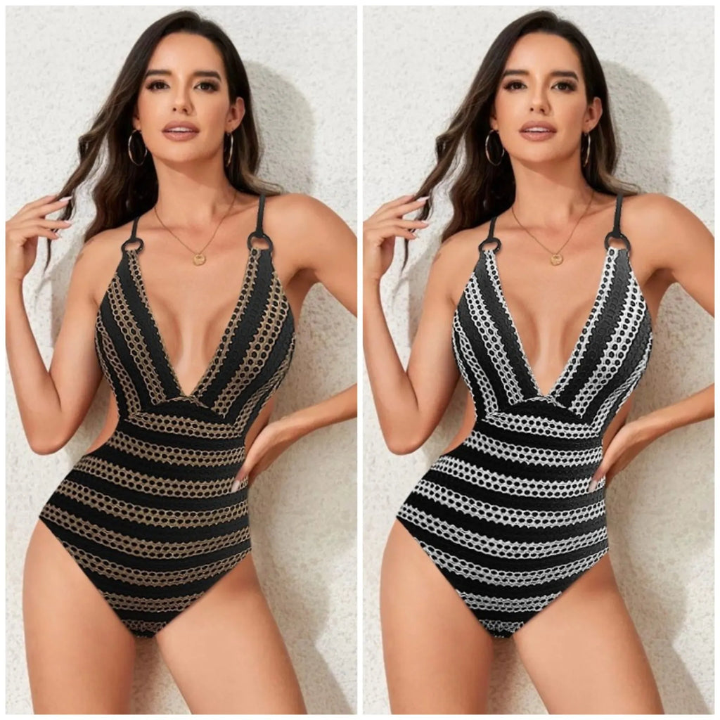 Striped one-piece bikini swimsuit for women, sleeveless polyester swimwear in two colours, sizes S to XL