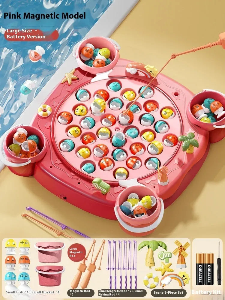 Baby educational magnetic fishing toy set with 8 poles, 4 barrels, and 31 colourful fish
