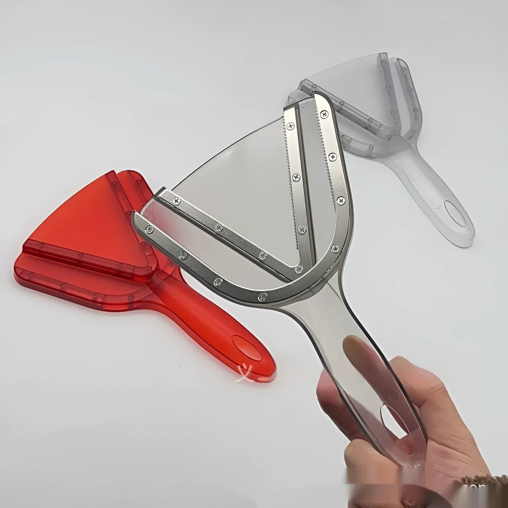Adjustable telescopic plastic bottle opener in red, clear, and grey colours on a white background.