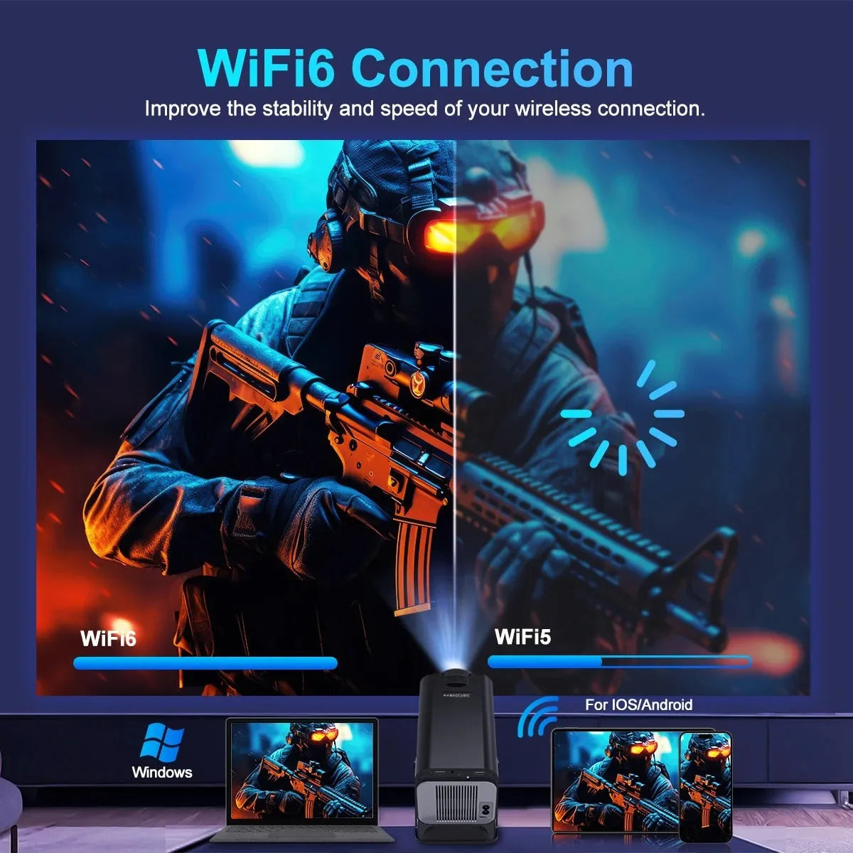 Small 4K WiFi Smart Projector 1080p 390 ANSI Lumens Android OS with UK power cord