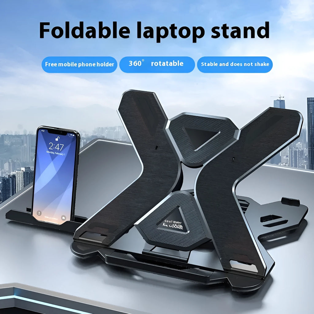 Black ABS plastic laptop cooling bracket stand on a wooden desk