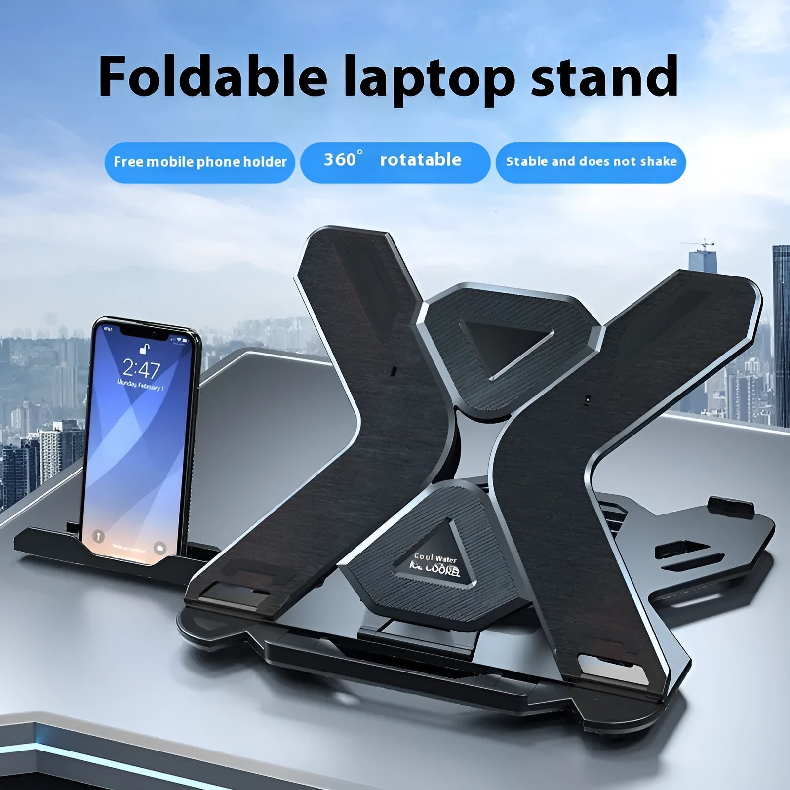 Black ABS plastic laptop cooling bracket stand on a wooden desk