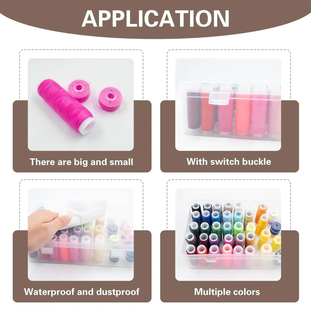 A transparent, pink, or blue plastic storage box with 42 small compartments for embroidery threads and craft supplies.