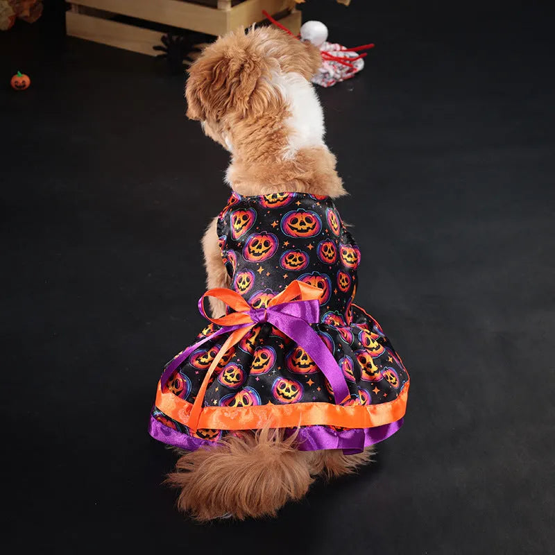 Colourful Halloween dog skirt with pumpkin and skull prints in sizes S M L XL