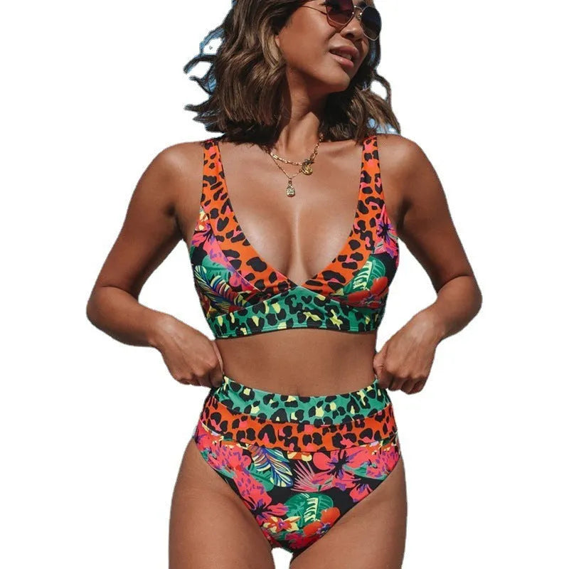 Women's floral print high-waist bikini set on a neutral background.