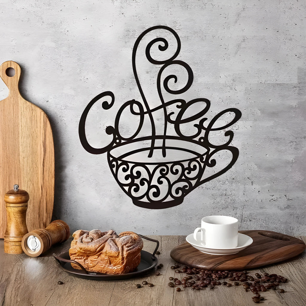 Black iron wall decor with English letters silhouette, modern style, 26x28cm.