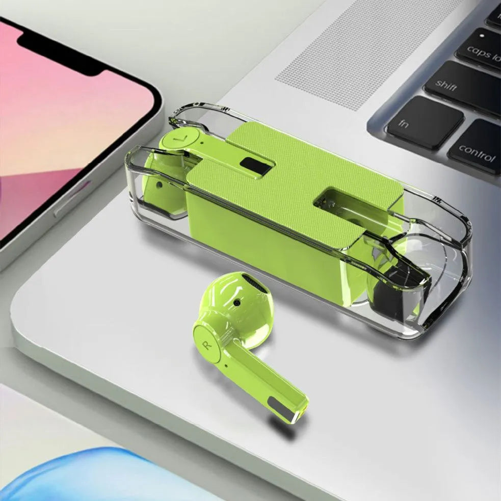 Private Transparent Bluetooth Headset Wireless earbuds with charging bin in pearl white colour