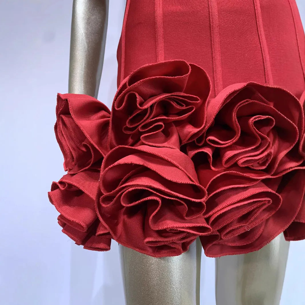 Women's solid colour urban style dress in red, on a model, showing mid-waist fit.