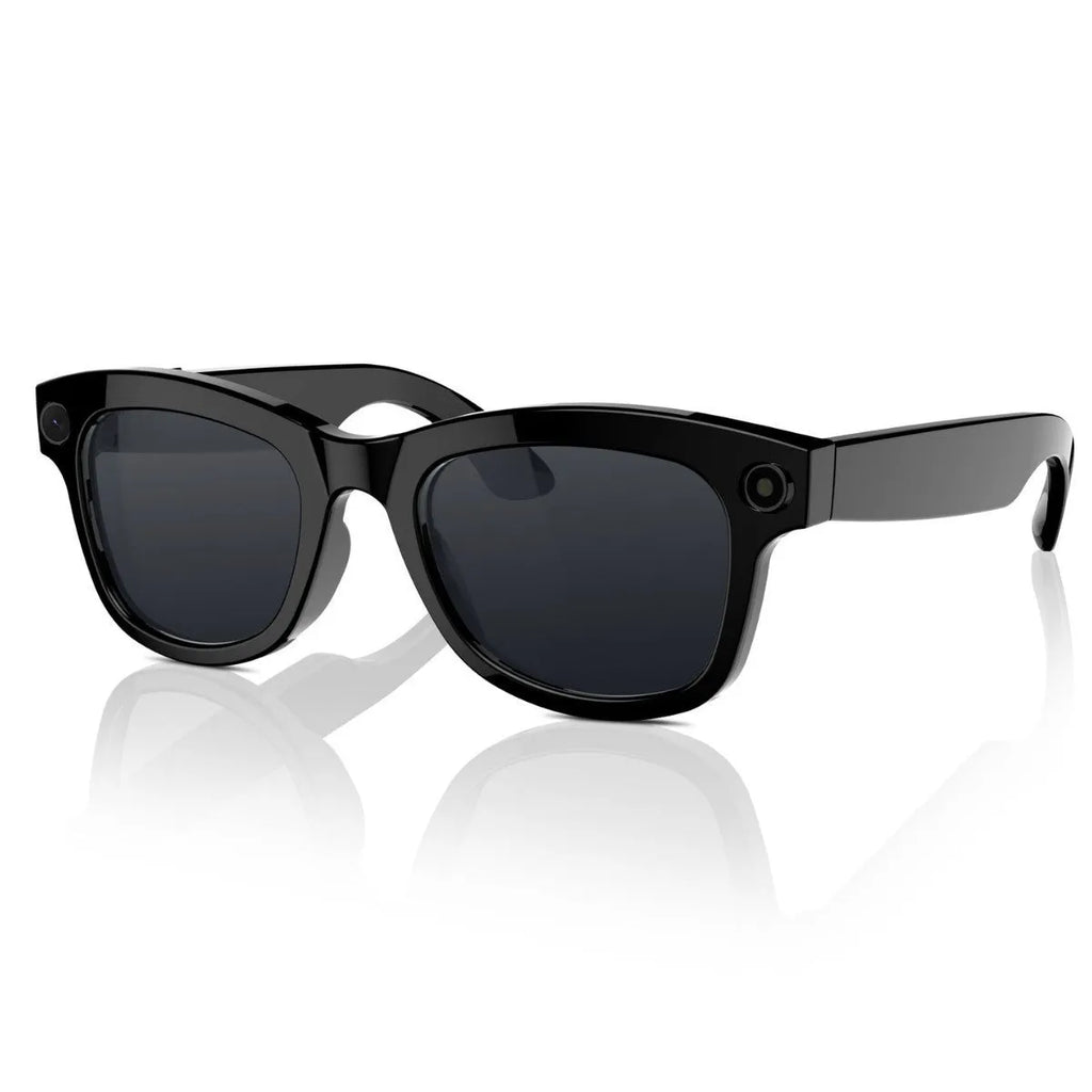 M01 black and transparent lens HD camera AI translation intelligent video glasses on a stand.
