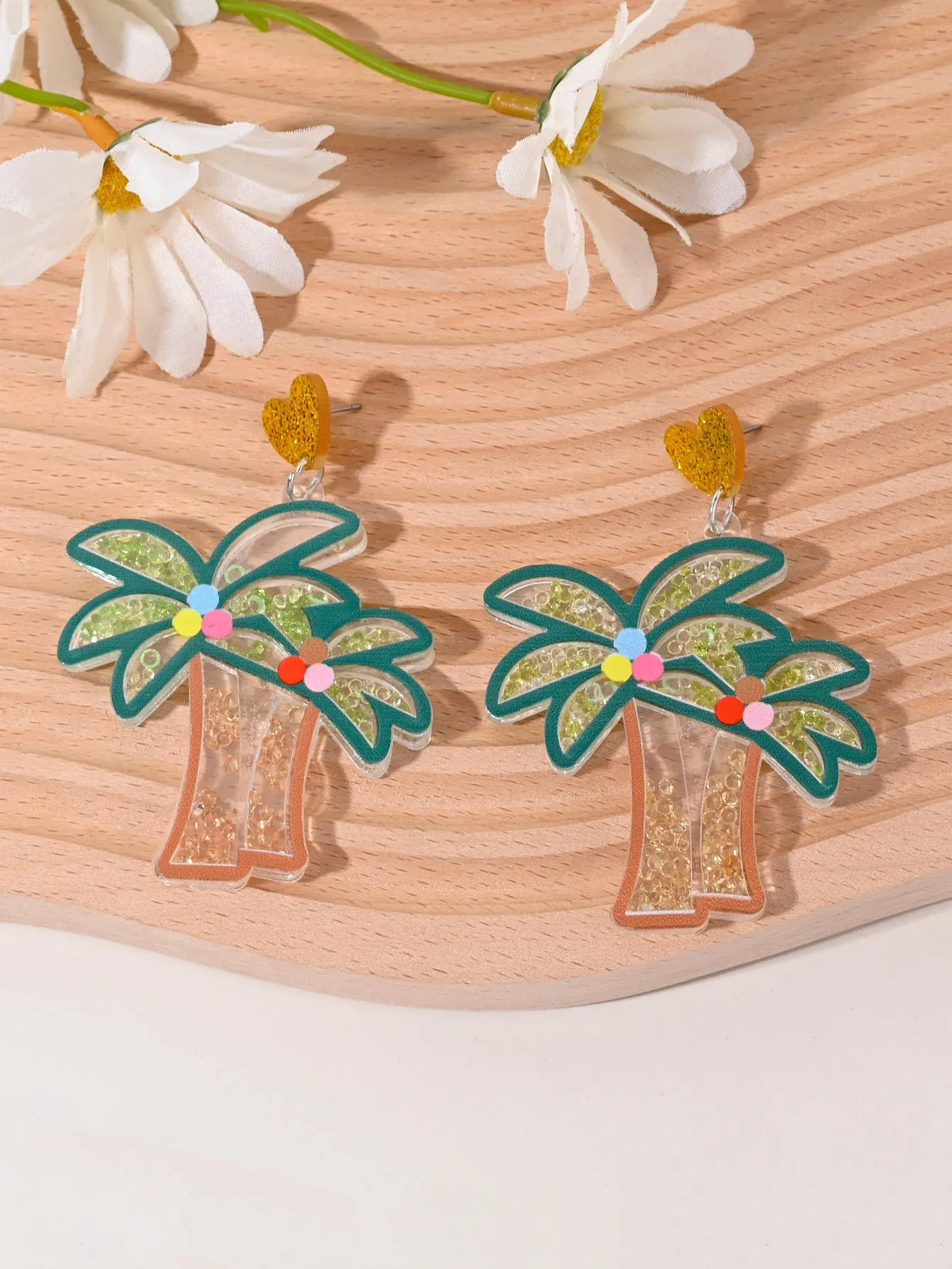 Colourful acrylic stud earrings with cherry, strawberry, watermelon, pineapple, coconut, cake, and ice cream designs.