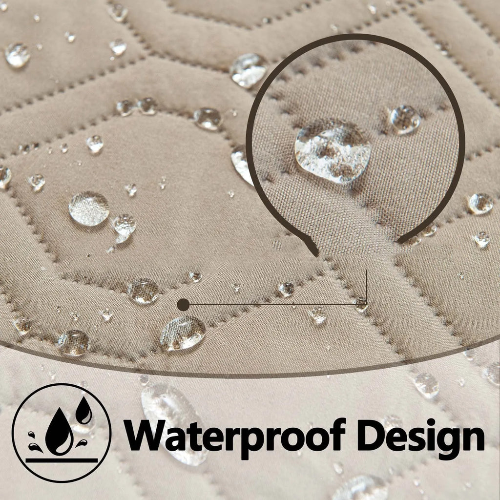 Double-sided waterproof pet sofa cushion shown in dark grey and khaki colour options on a sofa.