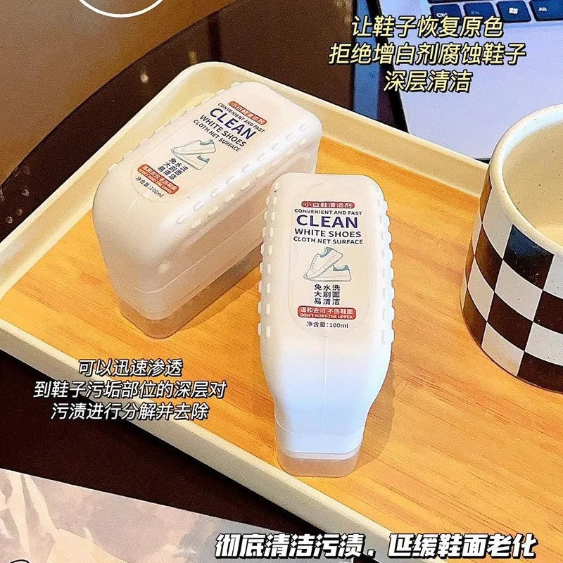 White shoe dry cleaning kit with brush head and detergent bottle for nursing and decontamination