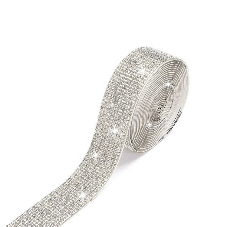 Self-adhesive glass rhinestone strips for clothing decoration in white and AB colour, showing three width options