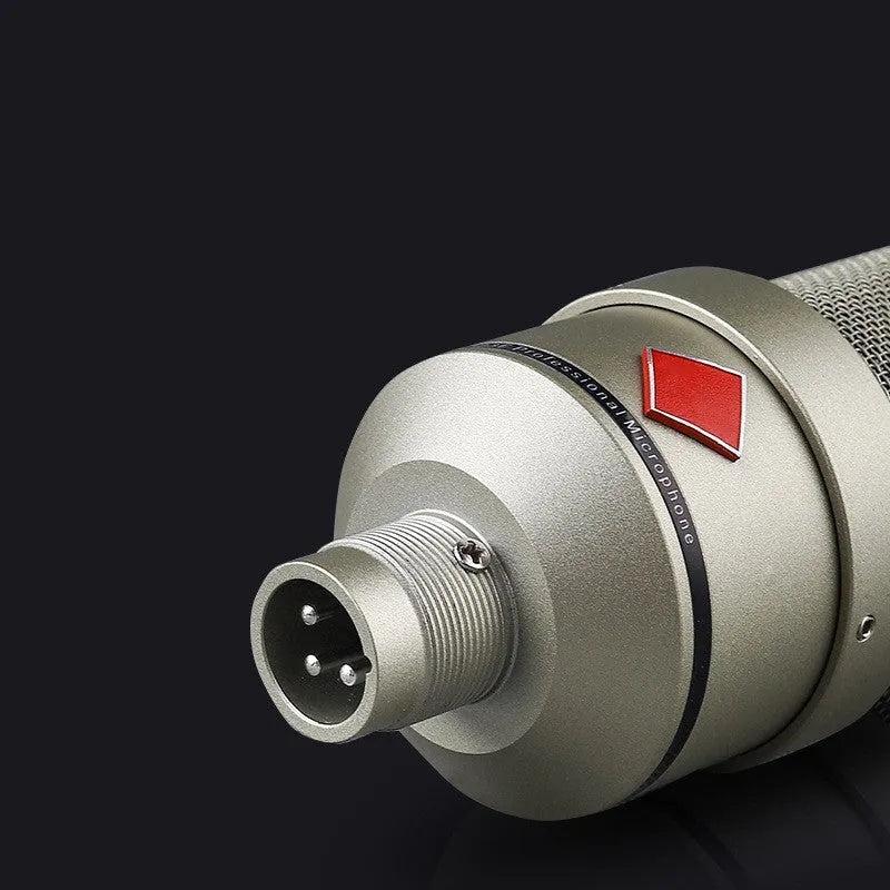 Wired condenser microphone with cardioid pattern and integrated stand in champagne gold or black gold colour