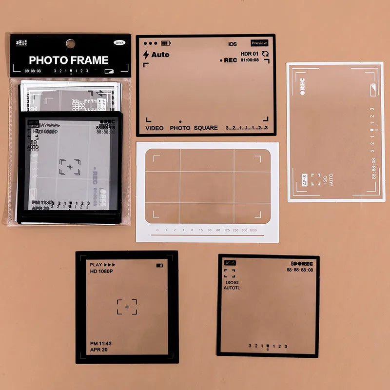 Set of 15 retro-themed frame decoration sticker sheets including photography, film, and music designs.