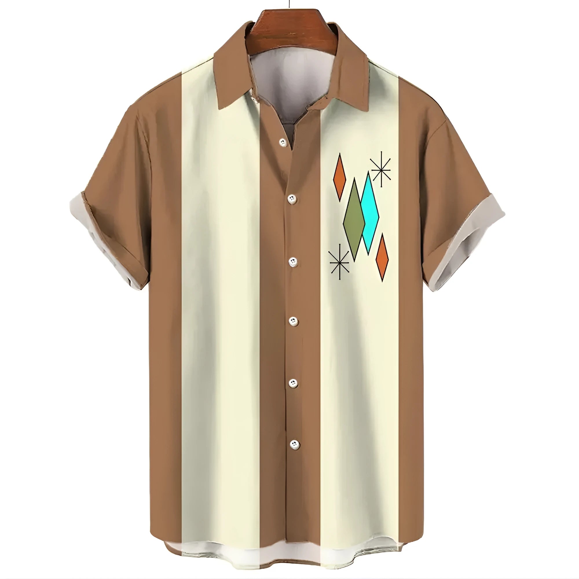 Men's stripe pattern Hawaiian shirt with button-up front and short sleeves in elastic polyester fabric