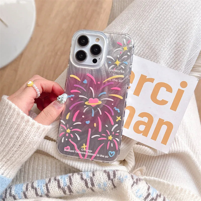 Double-layer TPU phone case with love fireworks print and feather yarn texture for iPhone