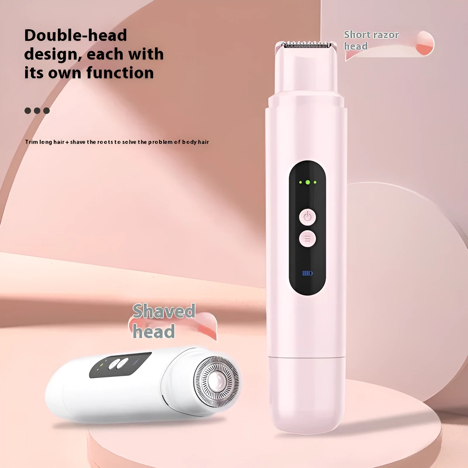 Pink and white portable electric body hair depilator with USB charging cable on a white background.