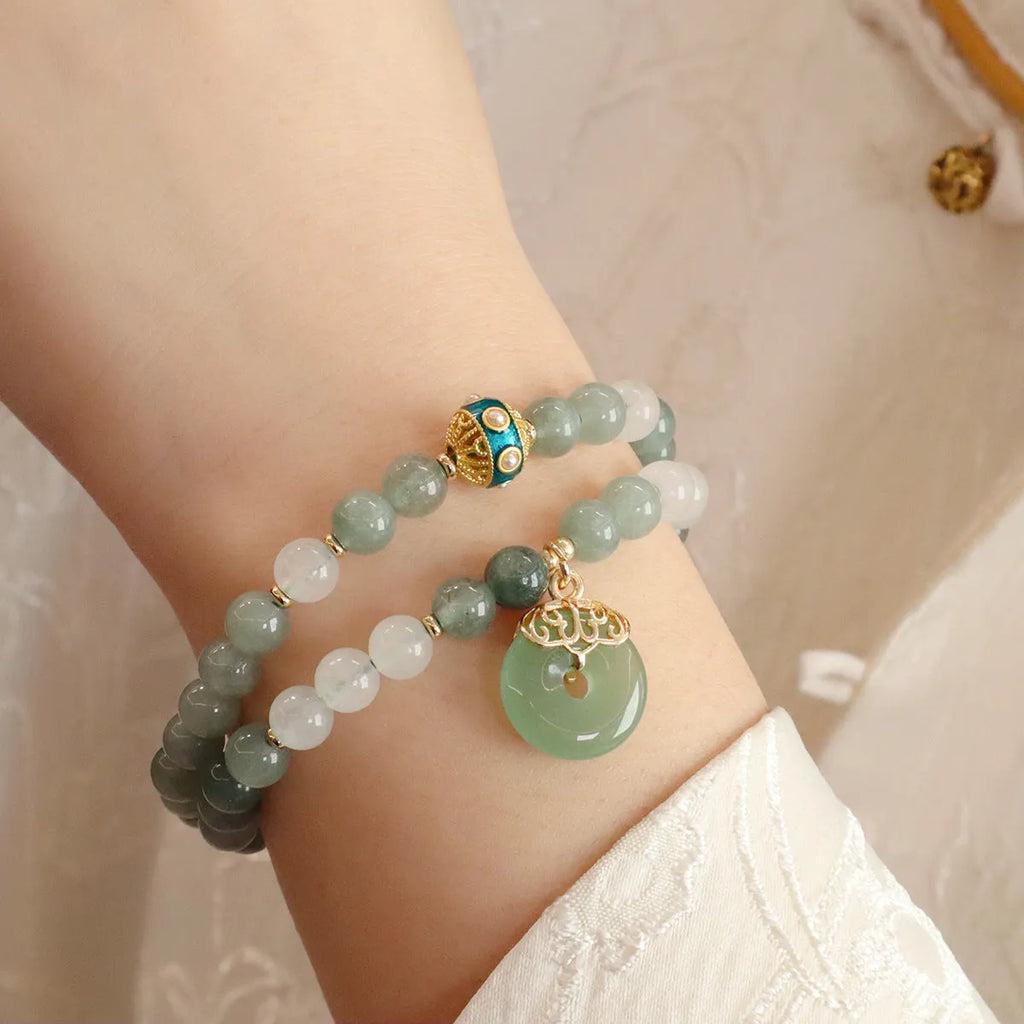 Women's Myanmar jade bracelet with safety buckle pendant and geometric crystal design