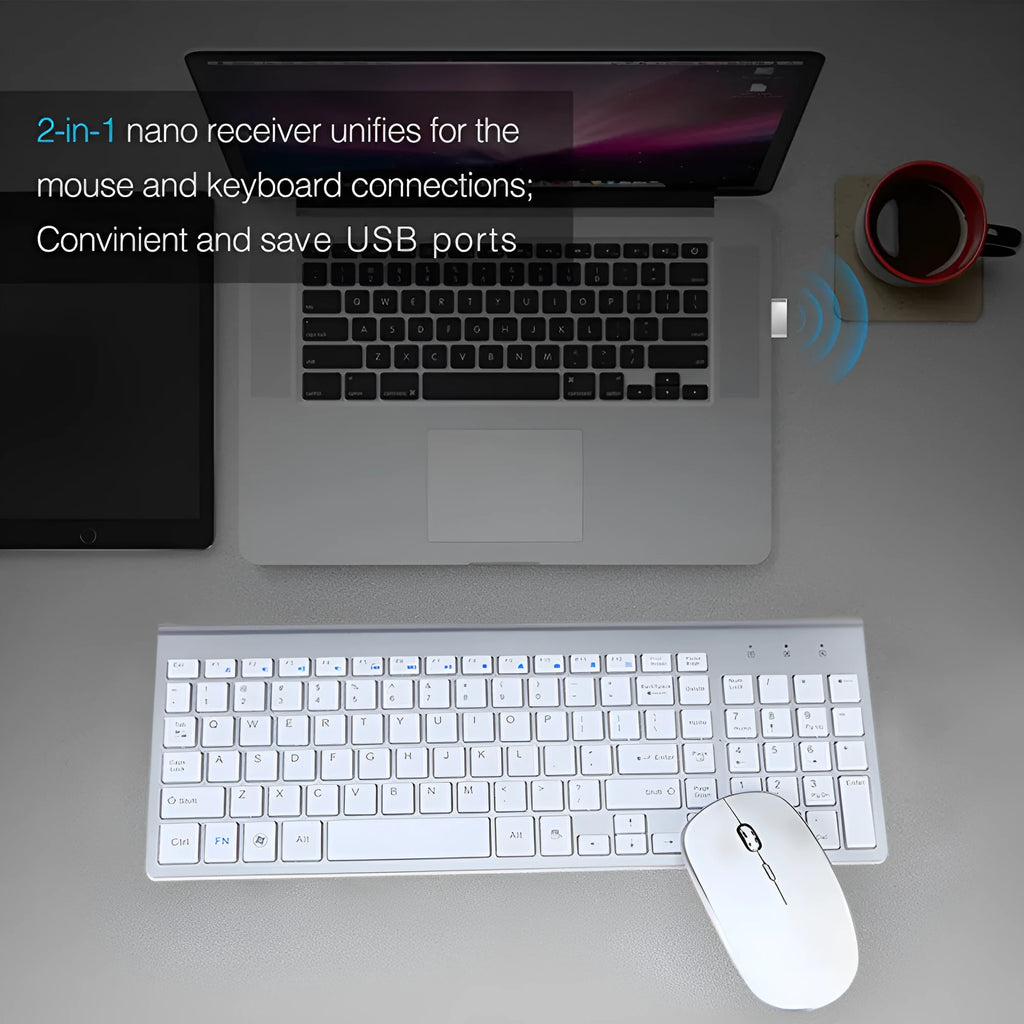 Wireless keyboard and mouse combo with 104 keys, USB receiver, in black for office use