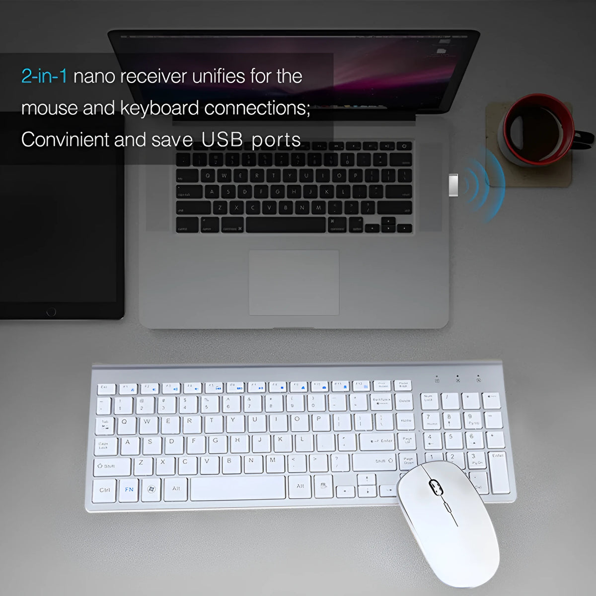 Wireless keyboard and mouse combo with 104 keys, USB receiver, in black for office use